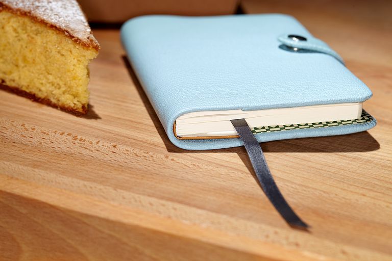 Lemon Polenta Cake, Made by Bob, Leather book wrap, shepherds bookbinders
